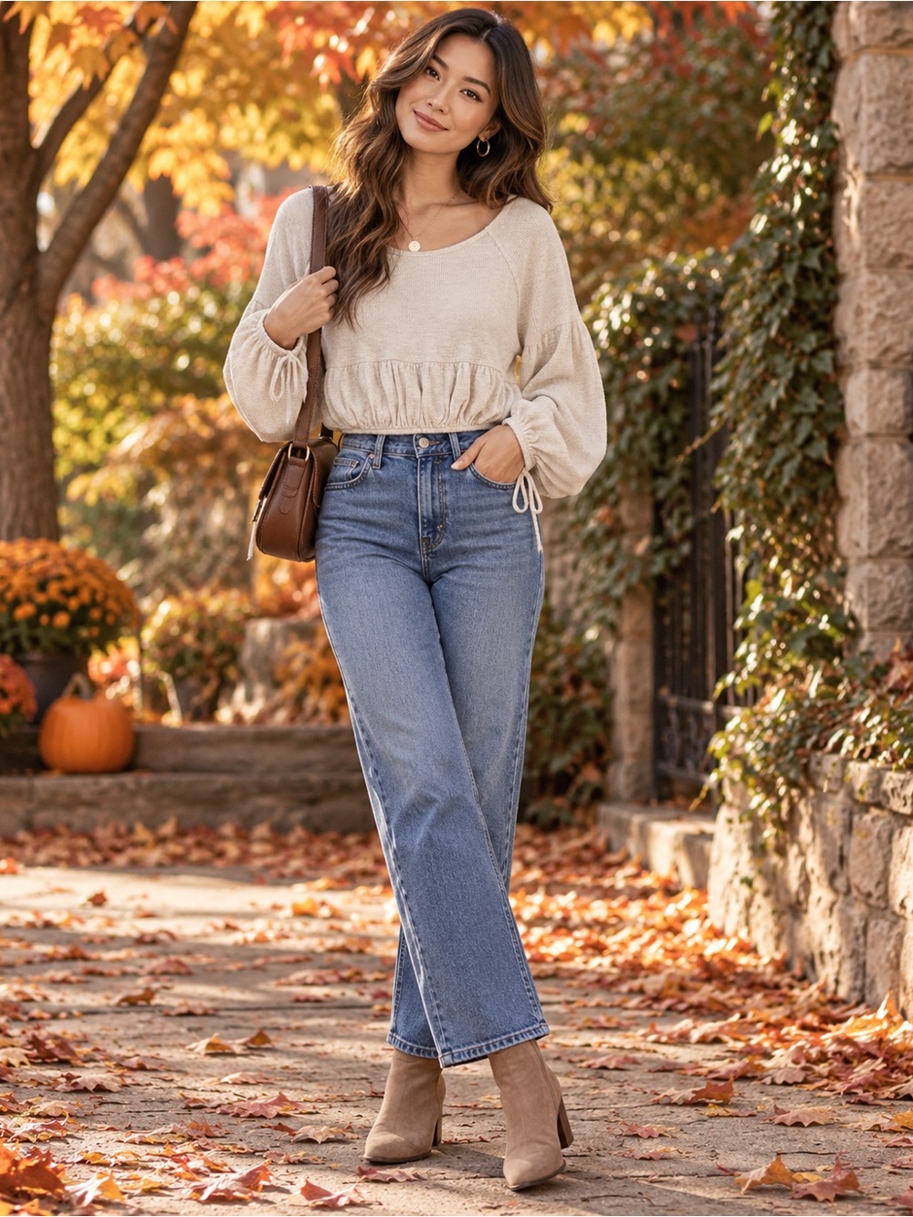 Aerie Oatmeal Cropped Balloon Sleeve Tie Cuff Top Size XS